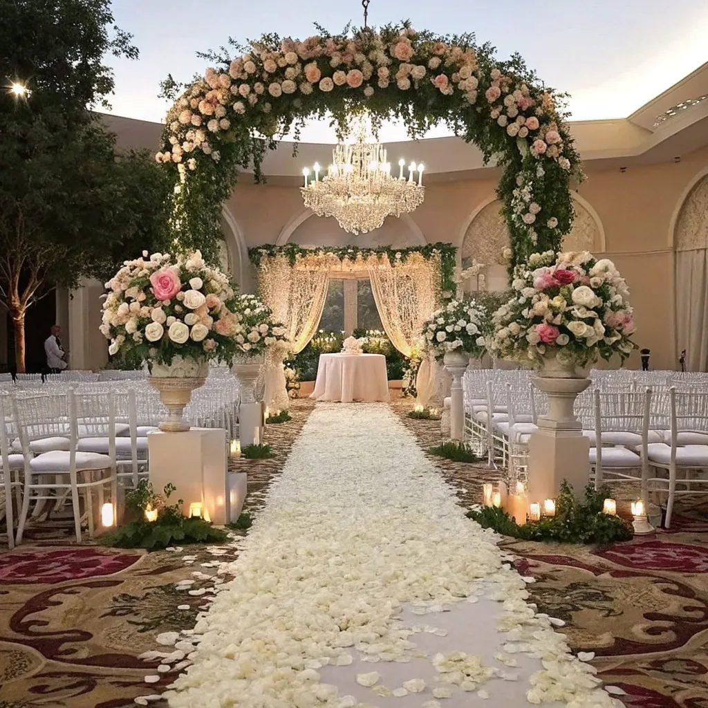 Luxury wedding setup with floral decorations