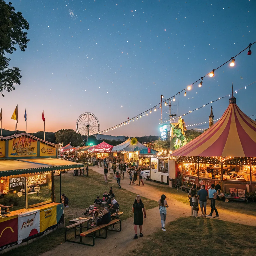 Outdoor festival with vibrant lights